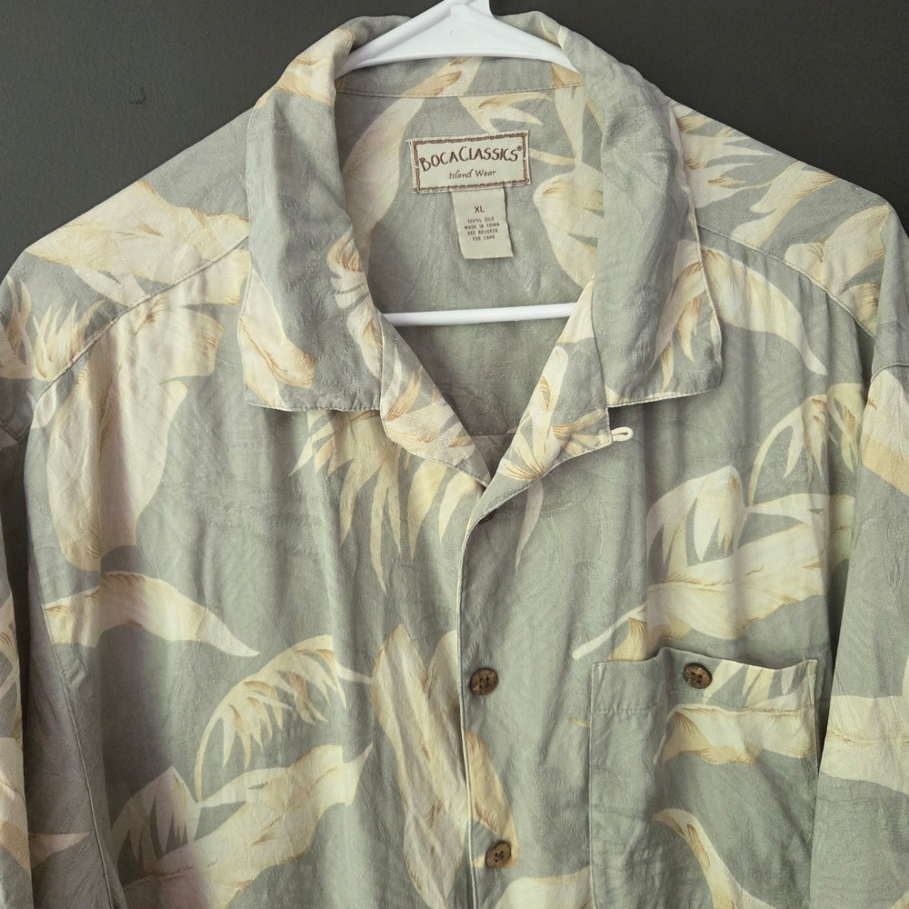 Boca Classics Mens XL Silk Tropical Palm Leaf Button Down Shirt Sage Green Short